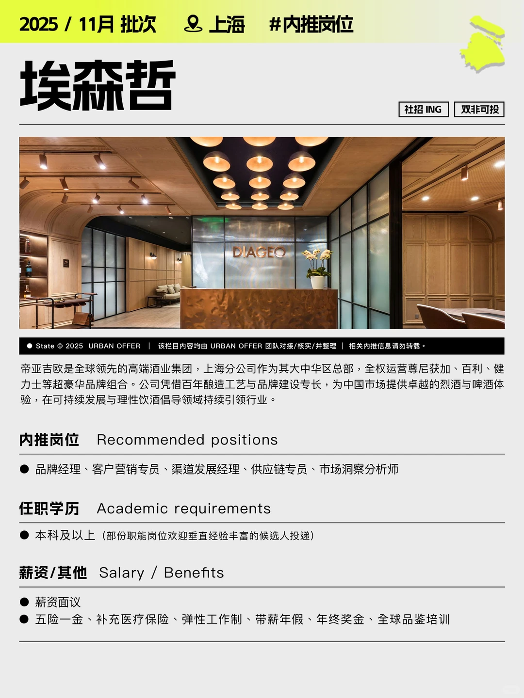 上海|11月内推岗位,帝亚吉欧华区总部招人