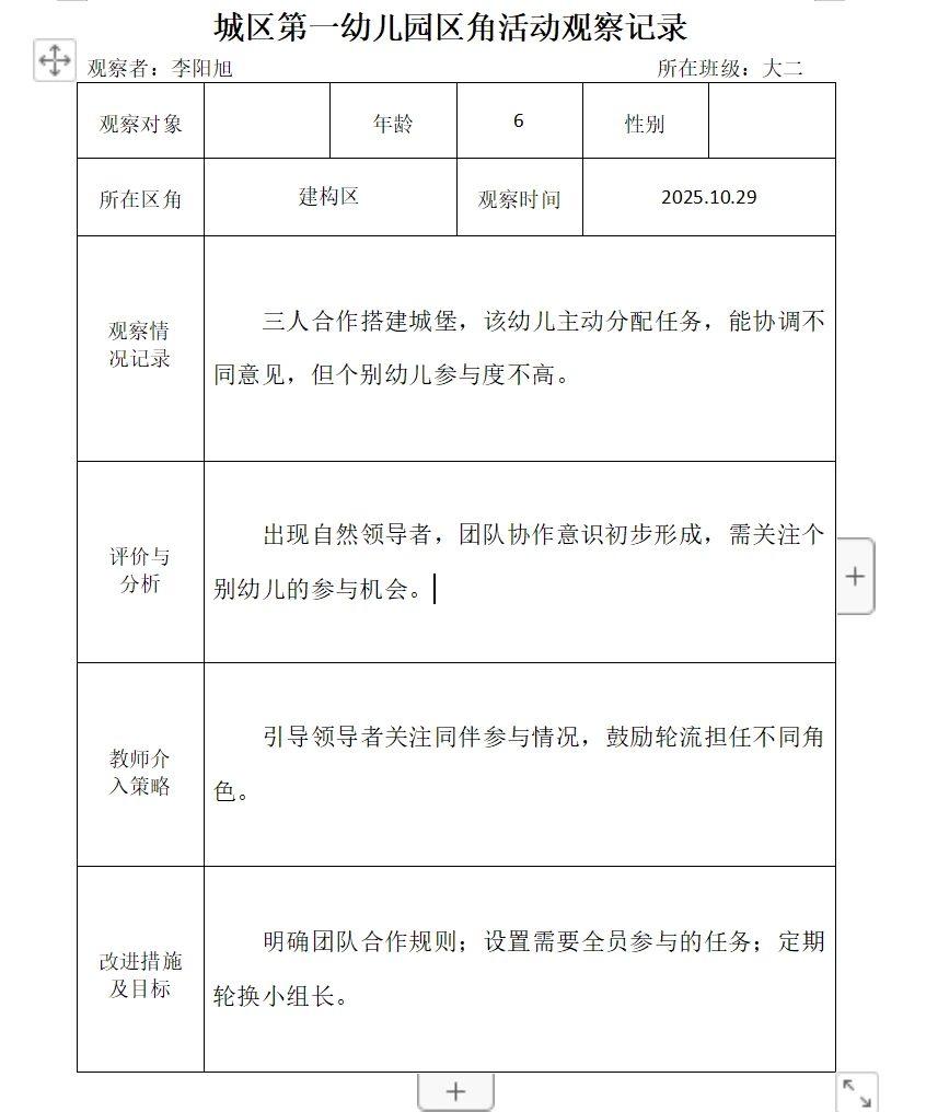 2025幼儿园区角活动观察记录(九)