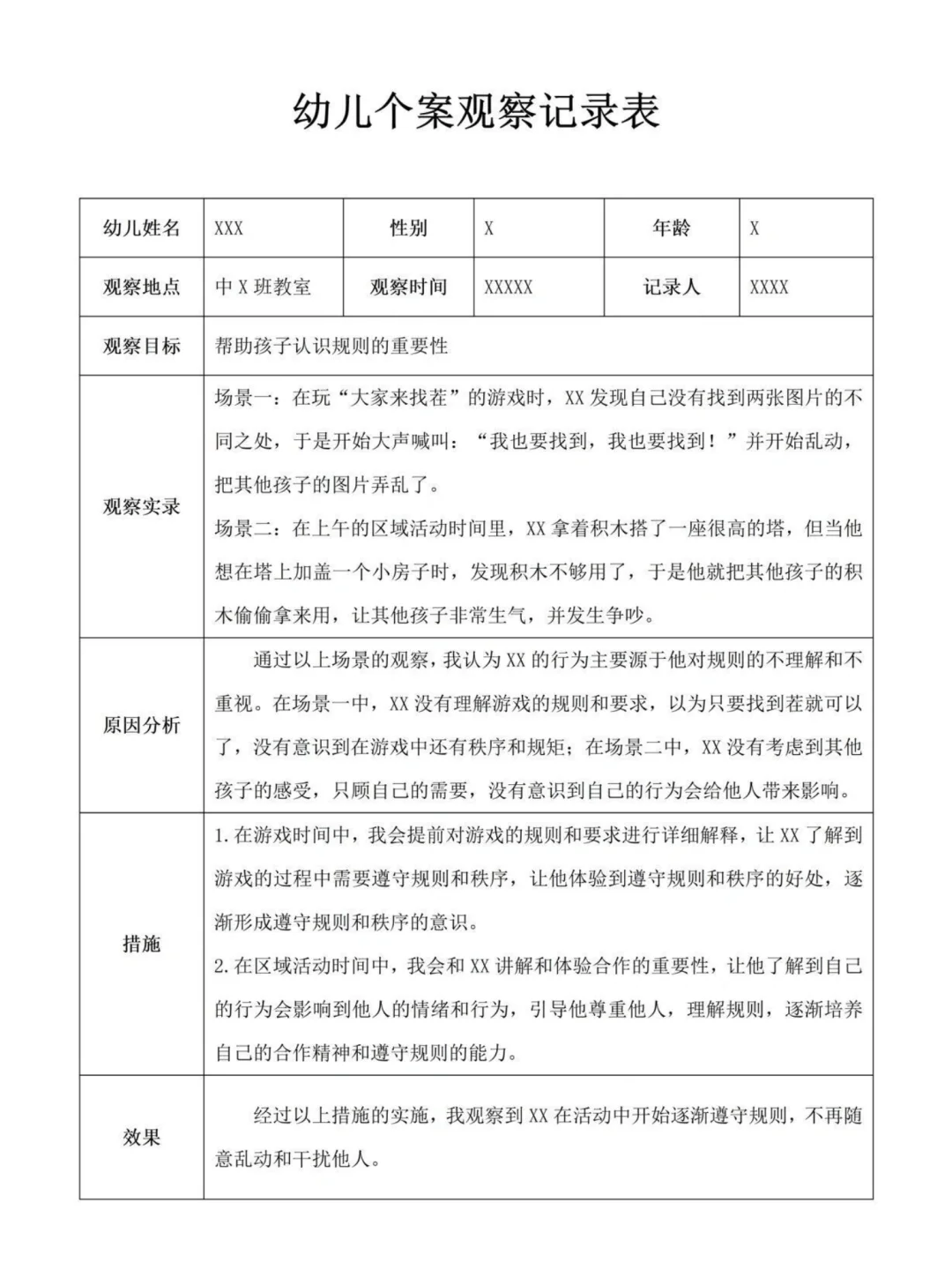 幼儿园个案观察记录表 大中小班12篇分享