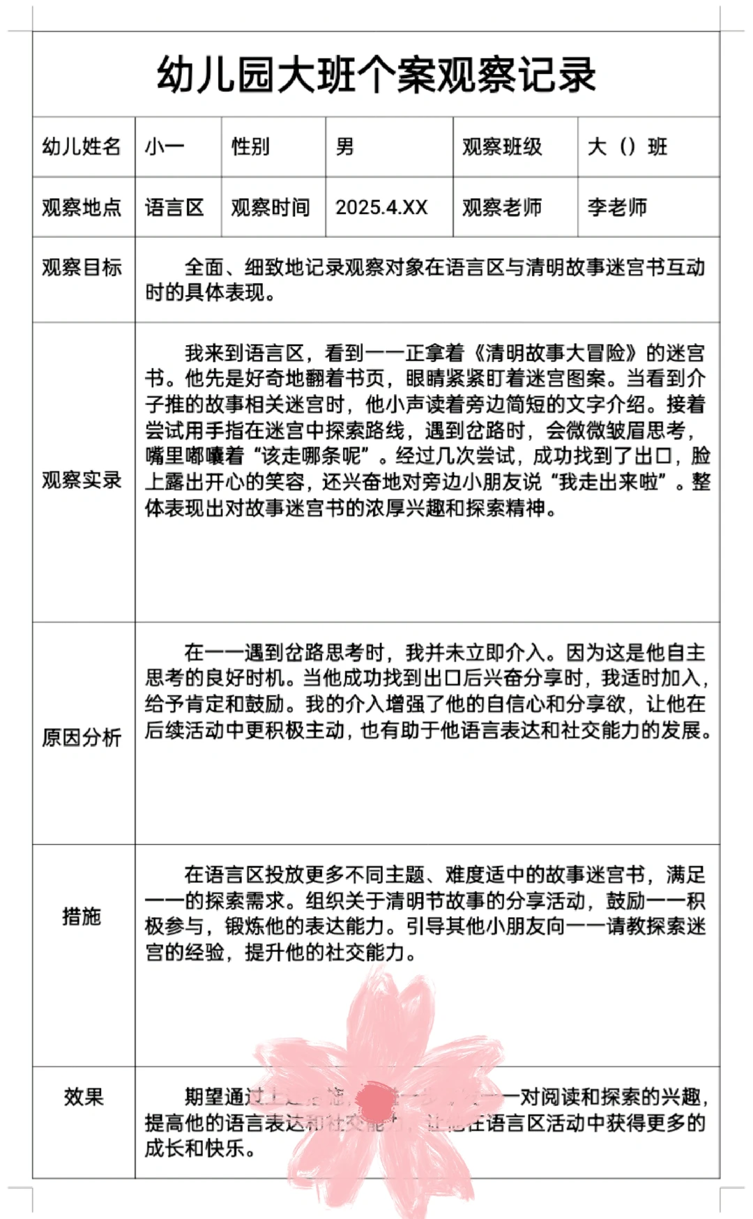幼儿园春季四月大班个案观察记录
