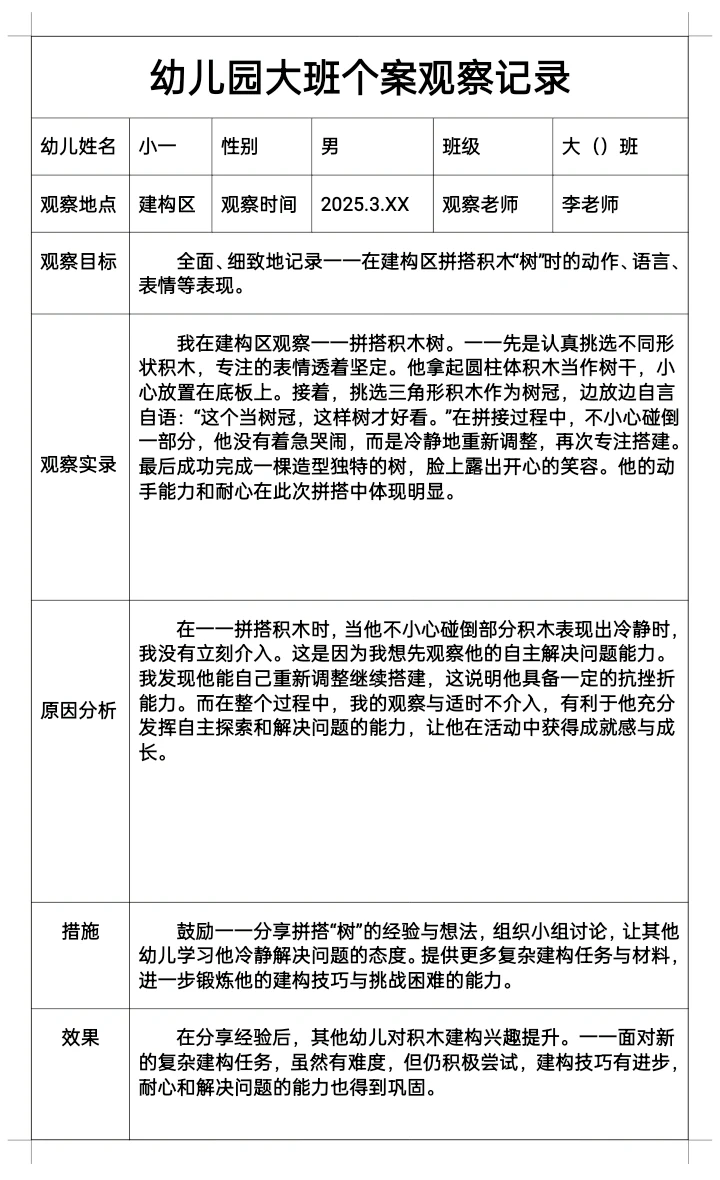 幼儿园春季三月大班个案观察记录