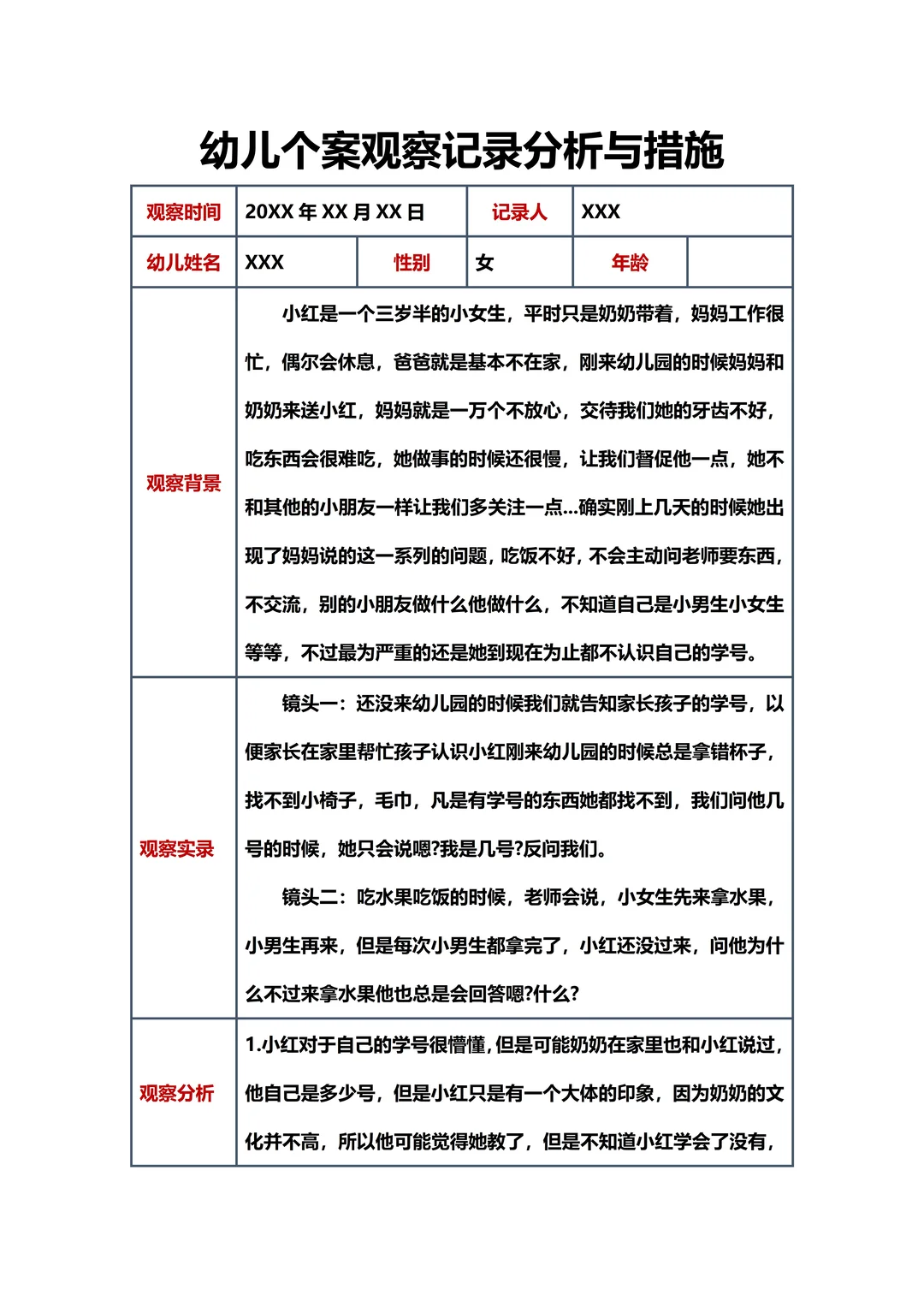 幼儿园 幼儿个案观察记录分析与措施