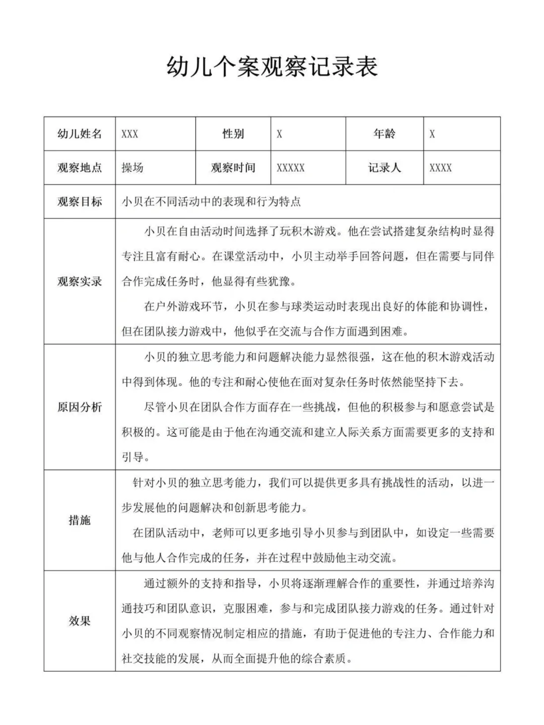 幼儿园个案观察记录表 大中小班12篇分享