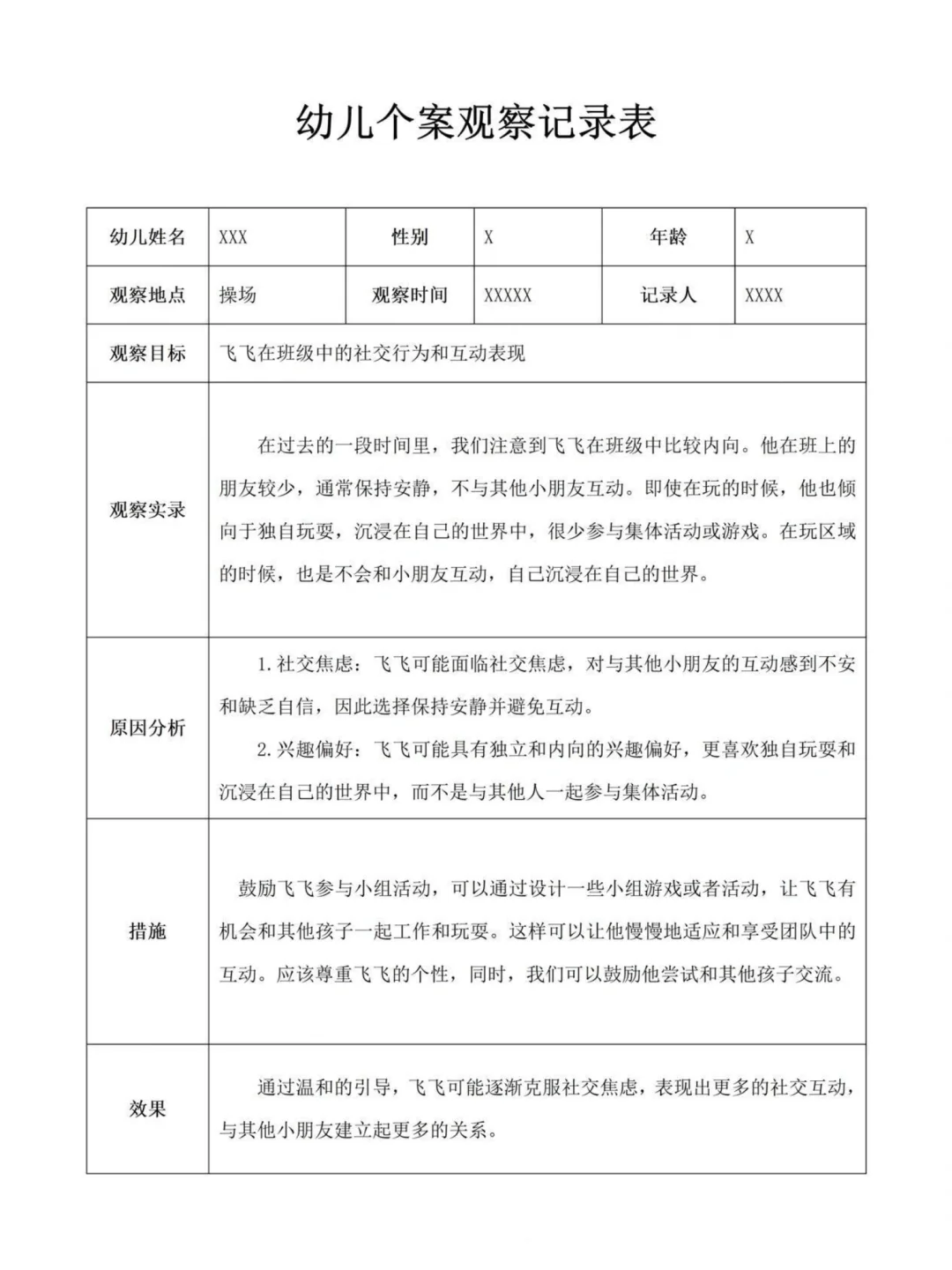 幼儿园个案观察记录表 大中小班12篇分享