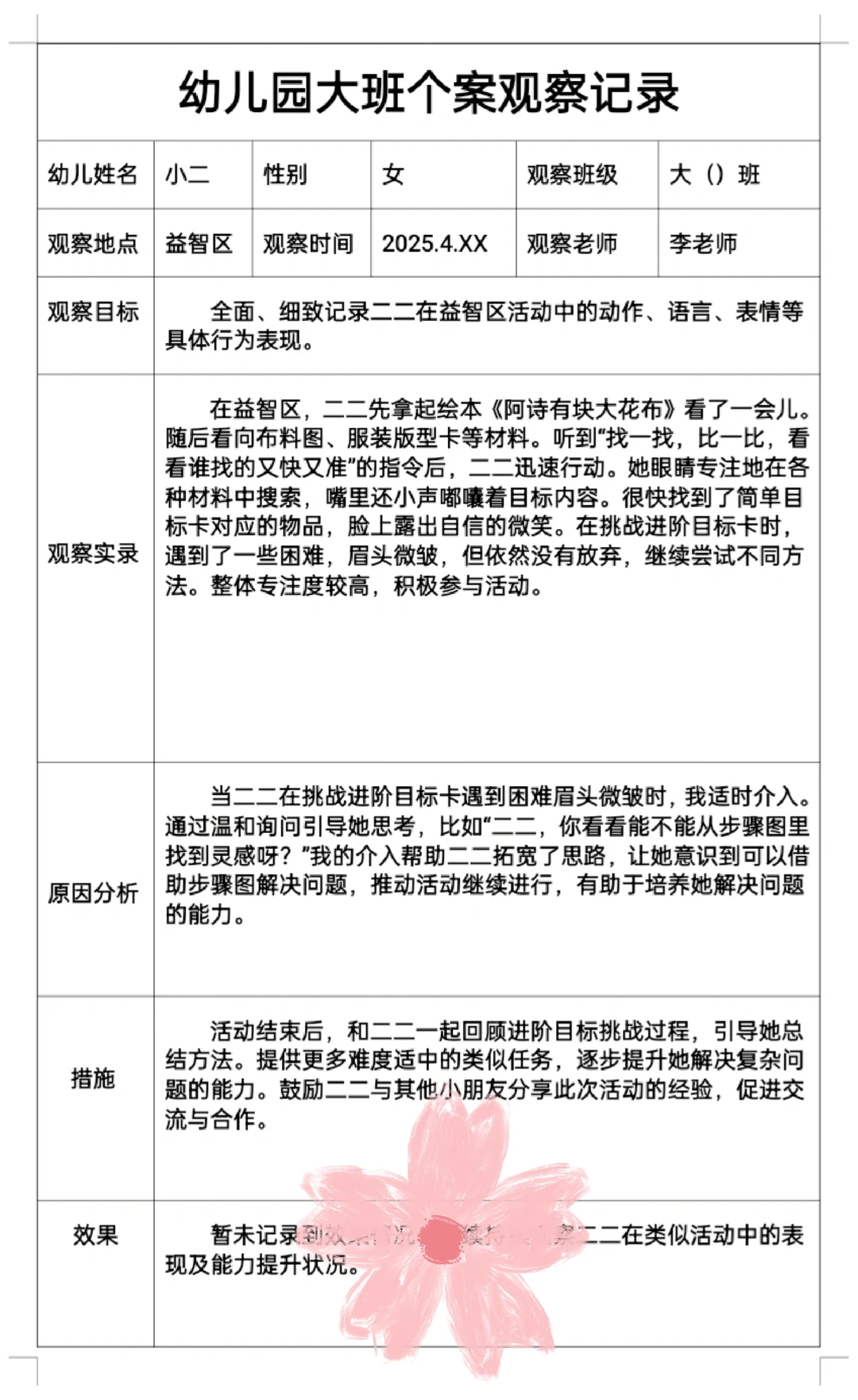 幼儿园春季四月大班个案观察记录