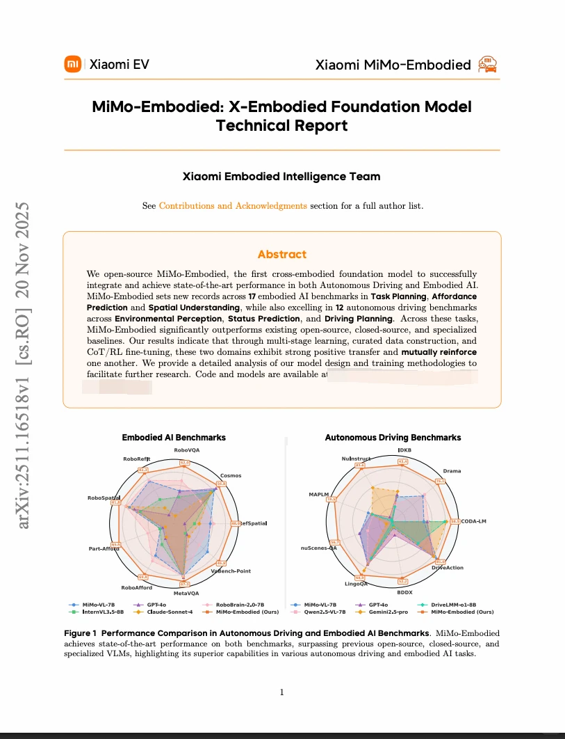 小米具身大模型!MiMo-Embodied!