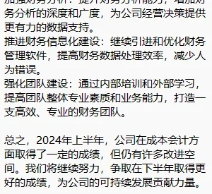 成本会计2024年度上半年财务工作总结 2024