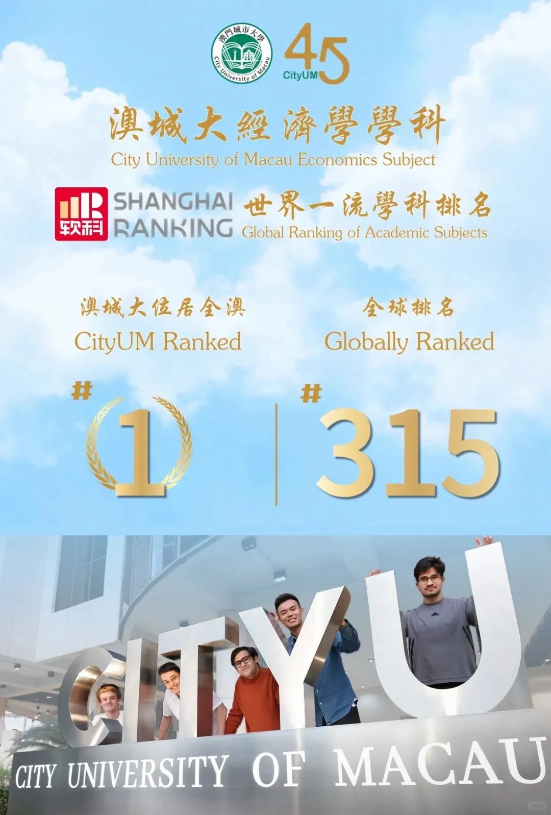 澳城大又上榜了！经济学实力获全球认证