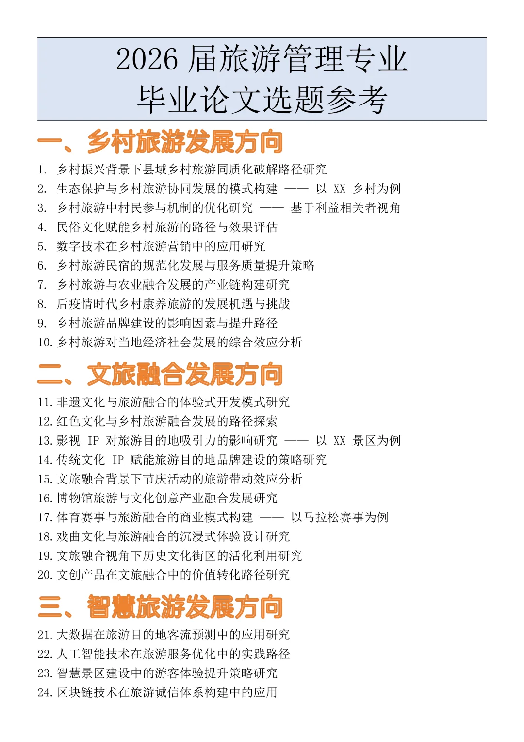 2026届旅游管理专业毕业论文选题参考