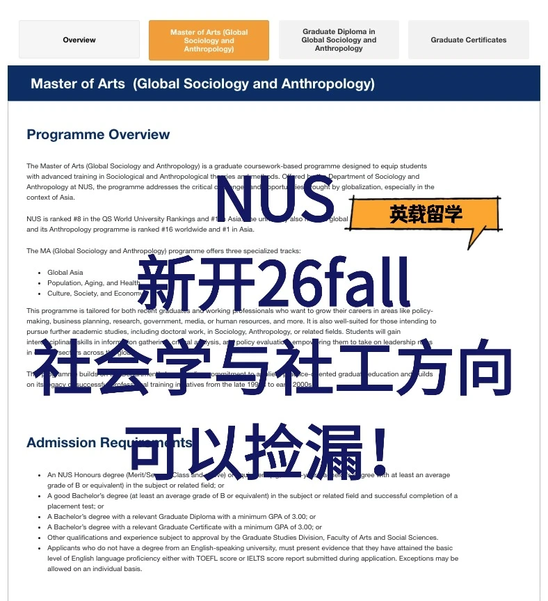 NUS 26fall新专业|全球社会学与人类学硕士