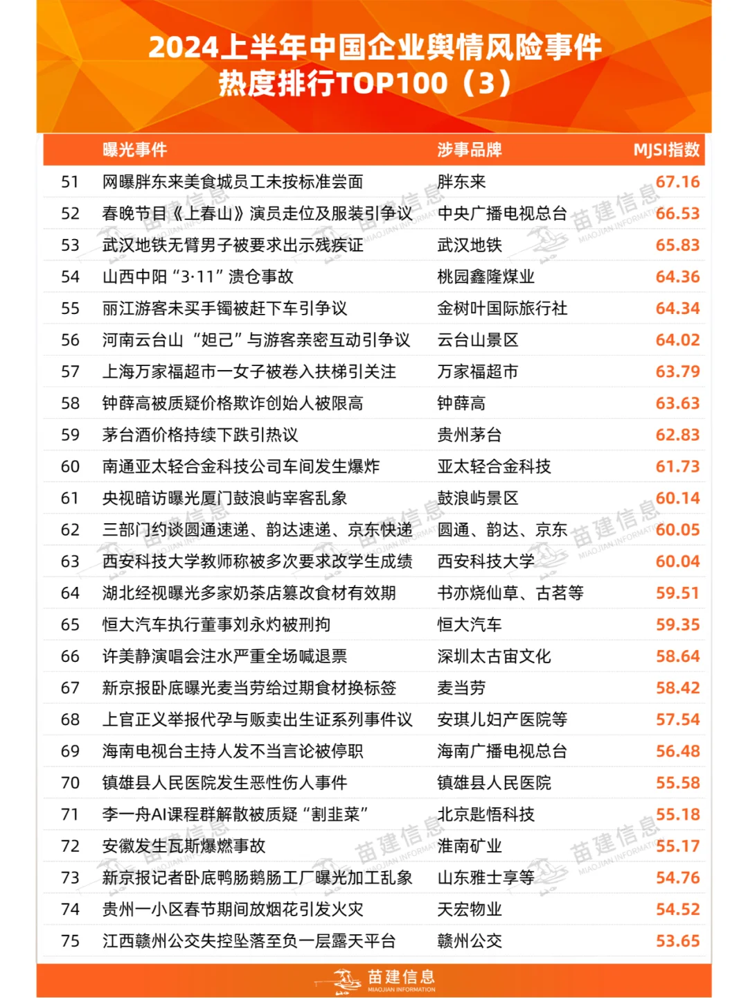 中国企业舆情风险事件热度TOP100（2024H1）