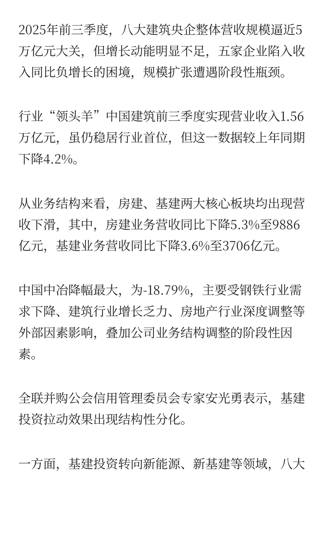 八大建筑央企前三季度业绩承压