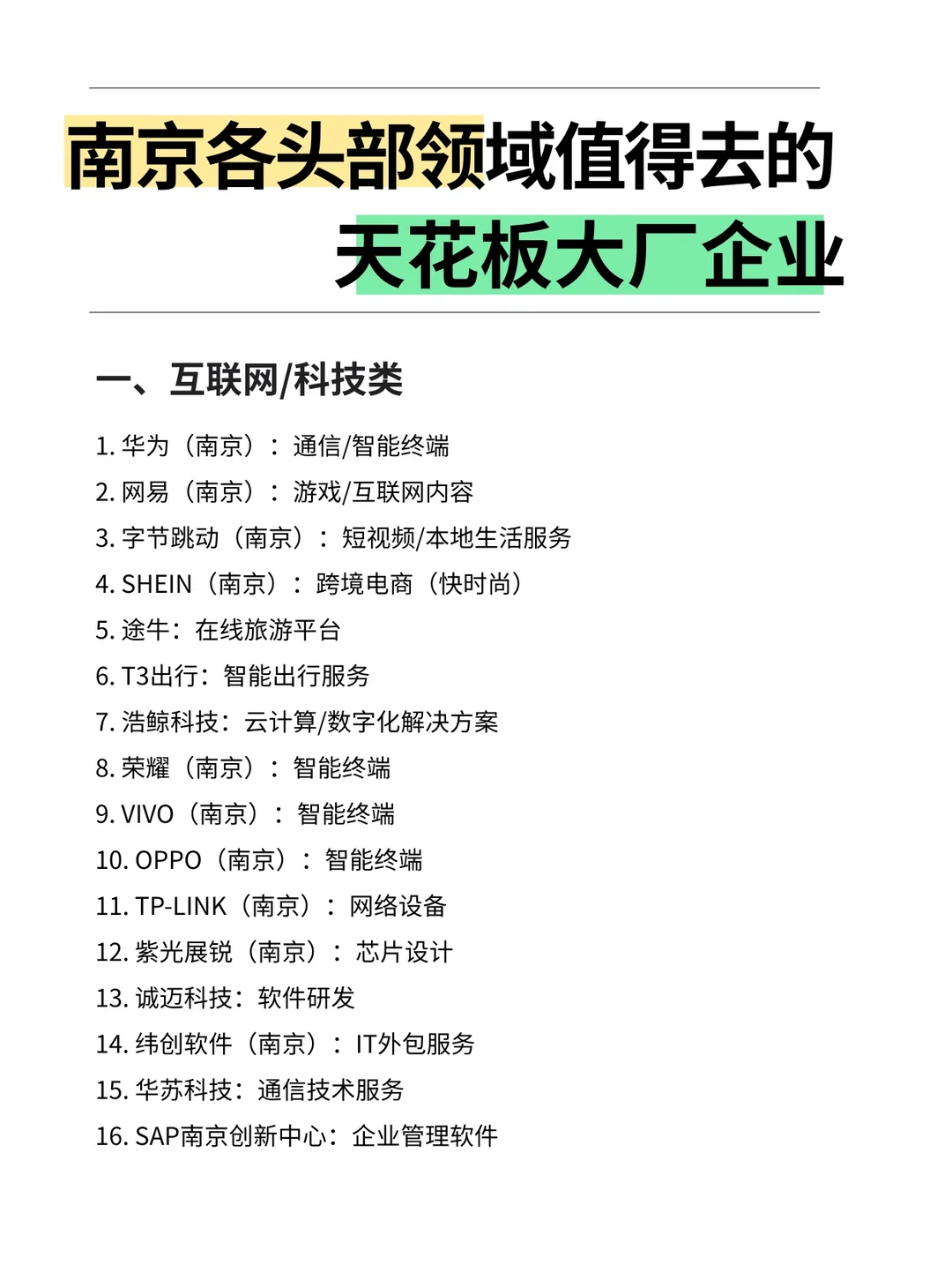 南京各头部领域值得去的“天花板”大厂名单…