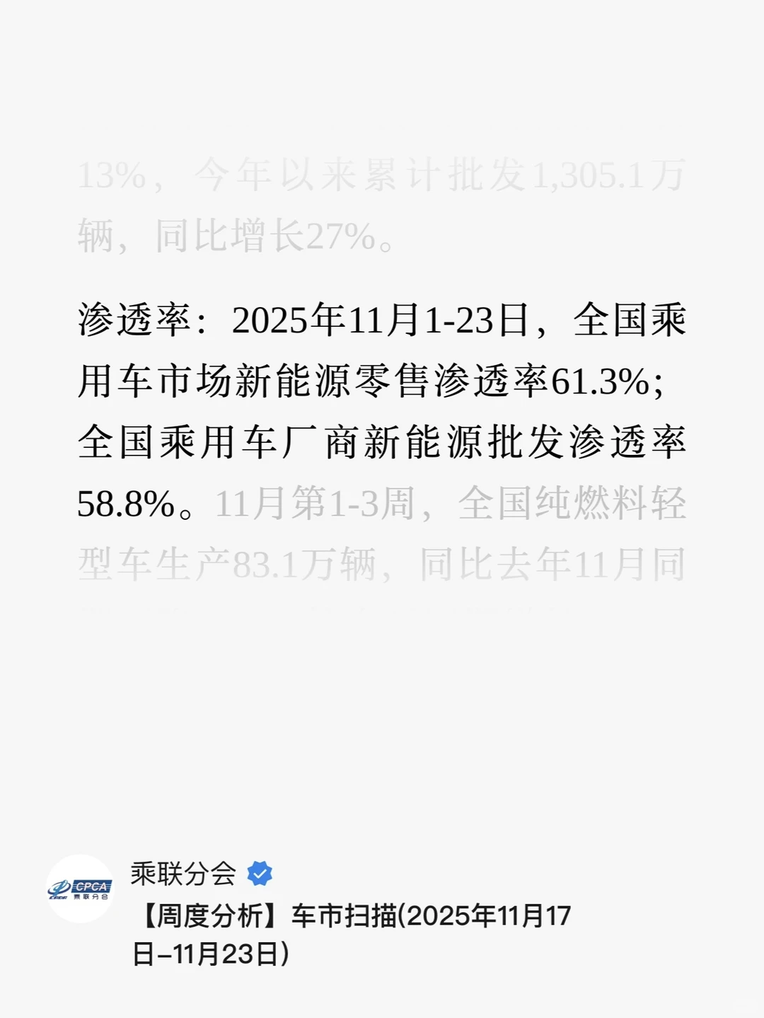 11月1-23日新能源乘用车零售渗透率达61.3%