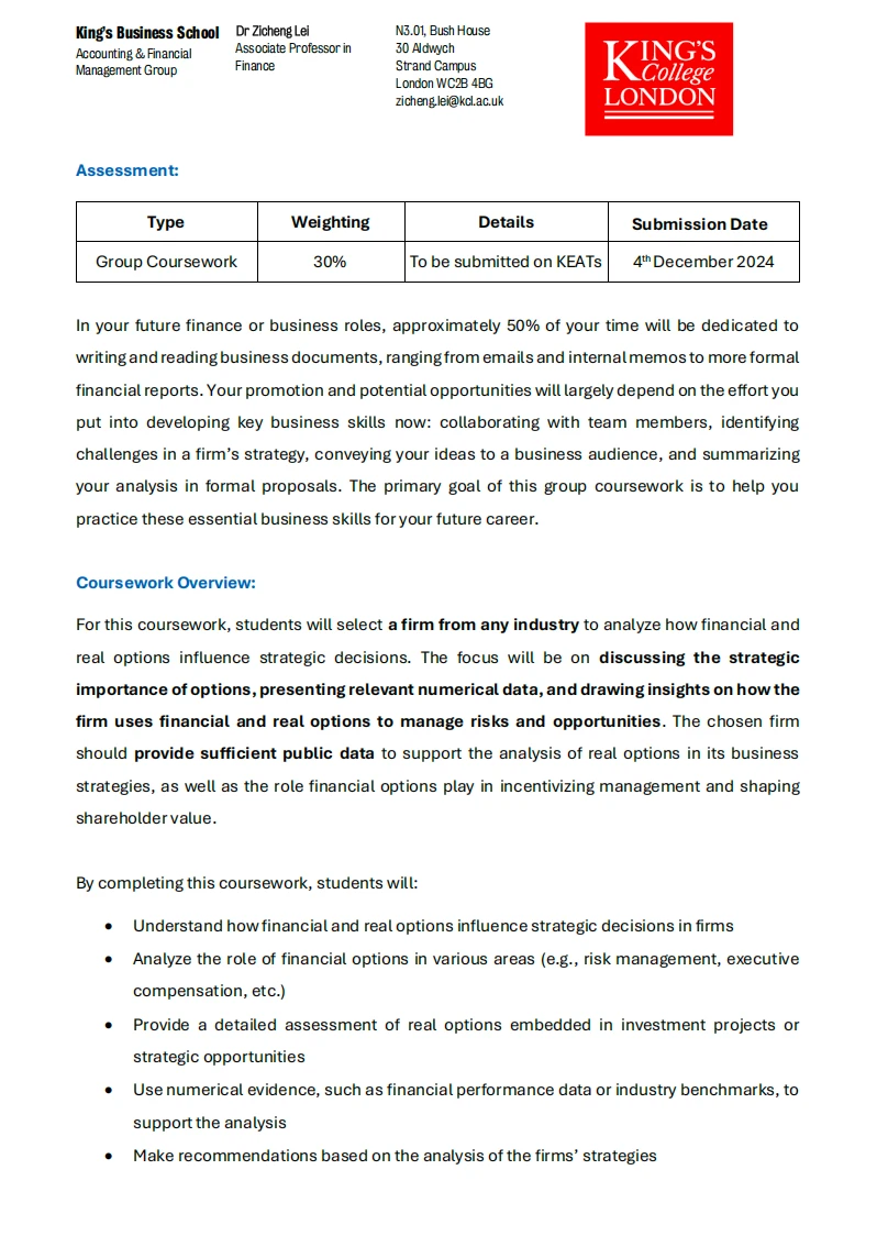 英国伦敦国王大学6QQMN566金融Ass