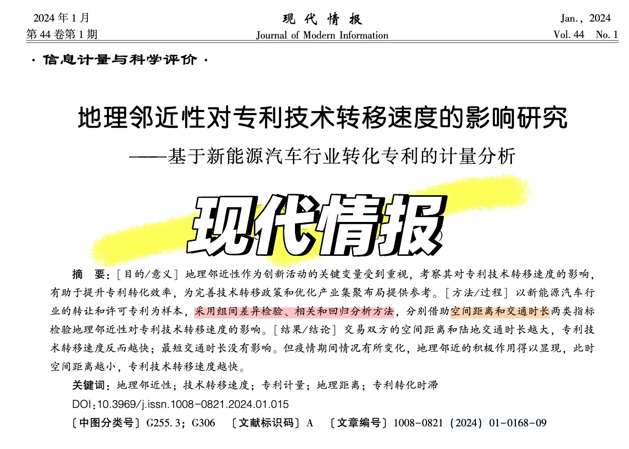 地理邻近性对专利技术转移速度的影响研究