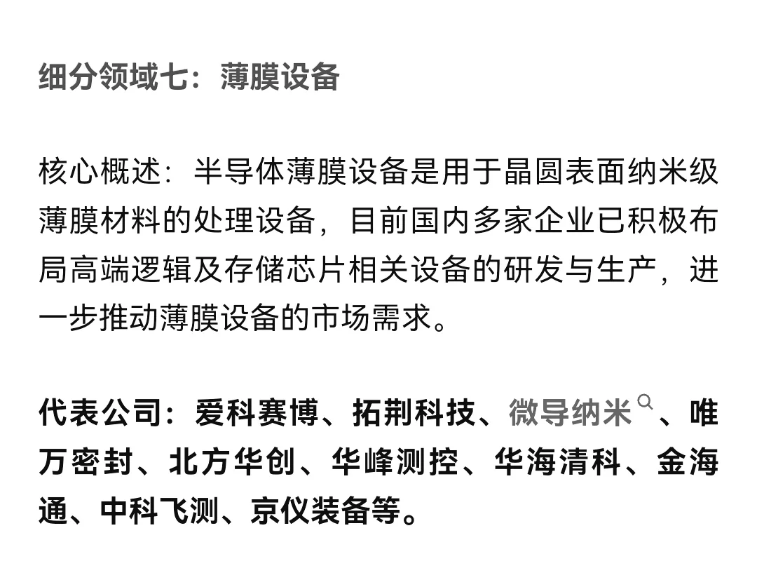 半导体设备产业链细分领域