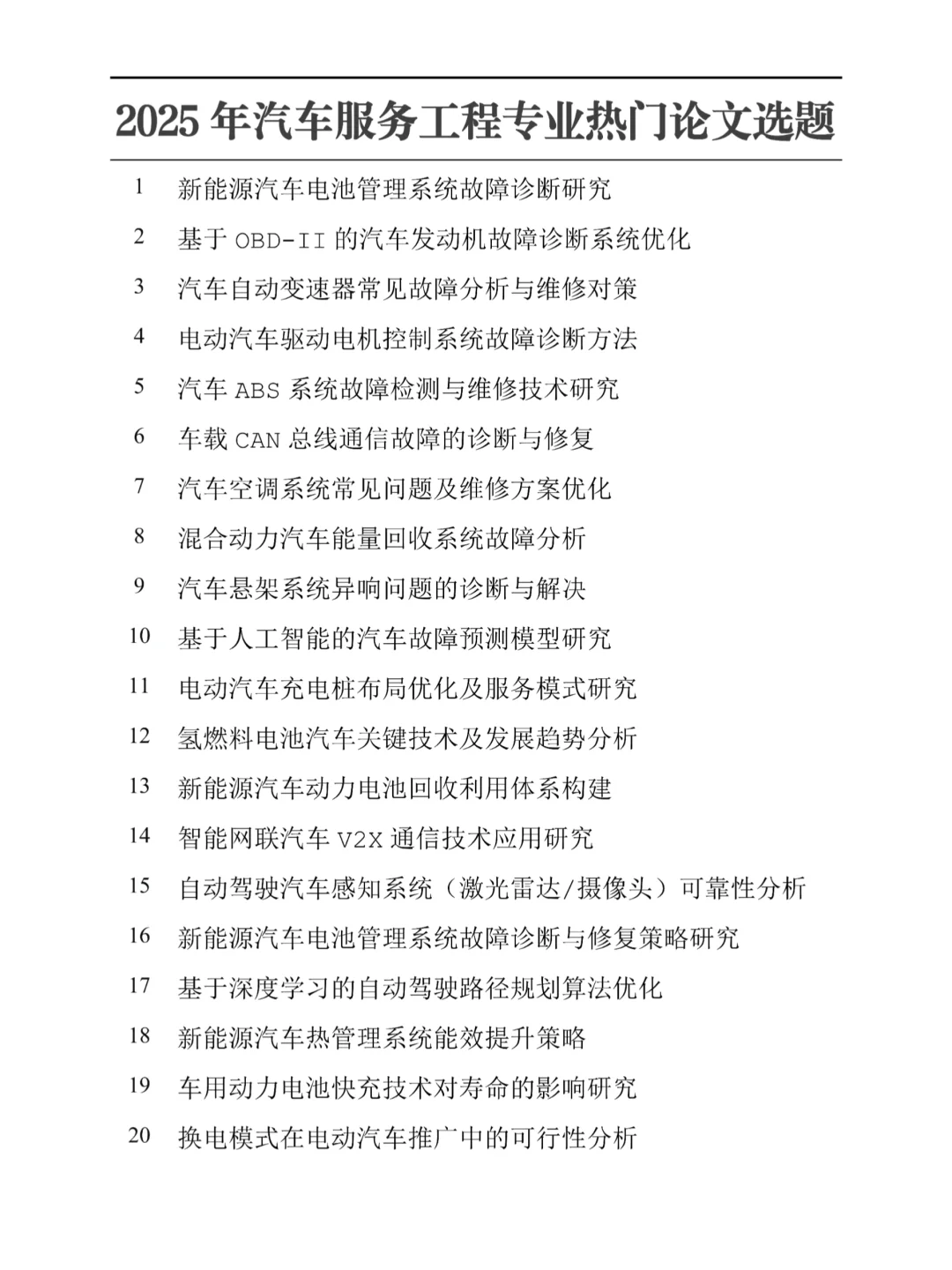 2025年汽车服务工程专业热门论文选题