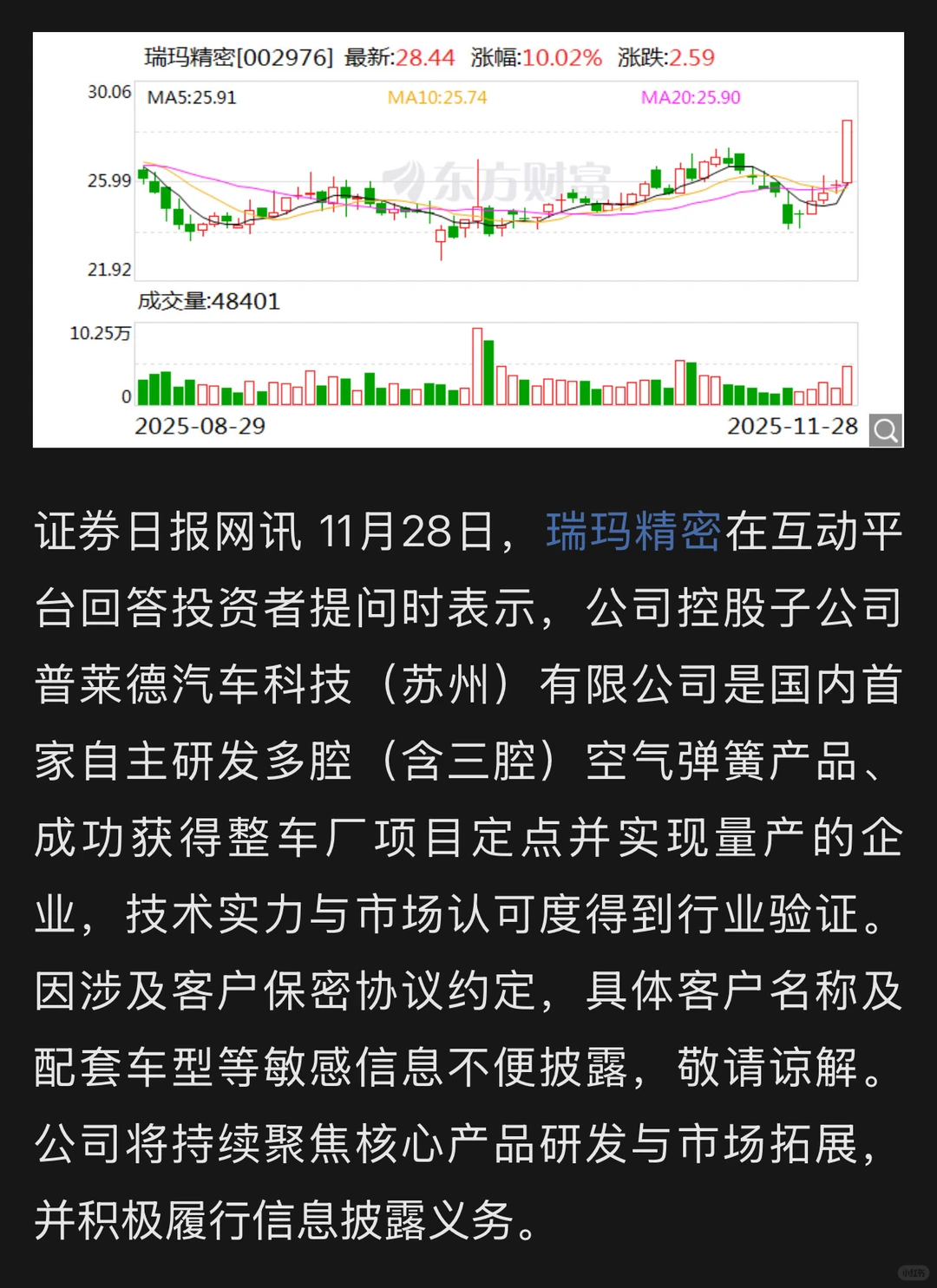 瑞玛精密涨停的原因