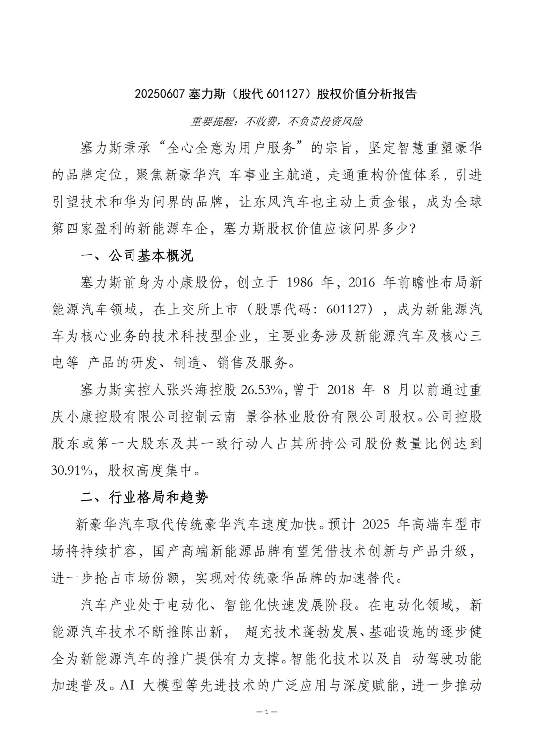 塞力斯（股代601127）股权价值分析报告