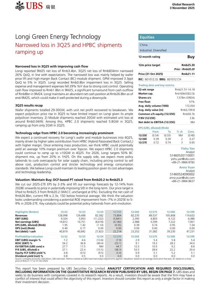 瑞银研报，隆基绿能财报解读，HPBC 放量迅猛
