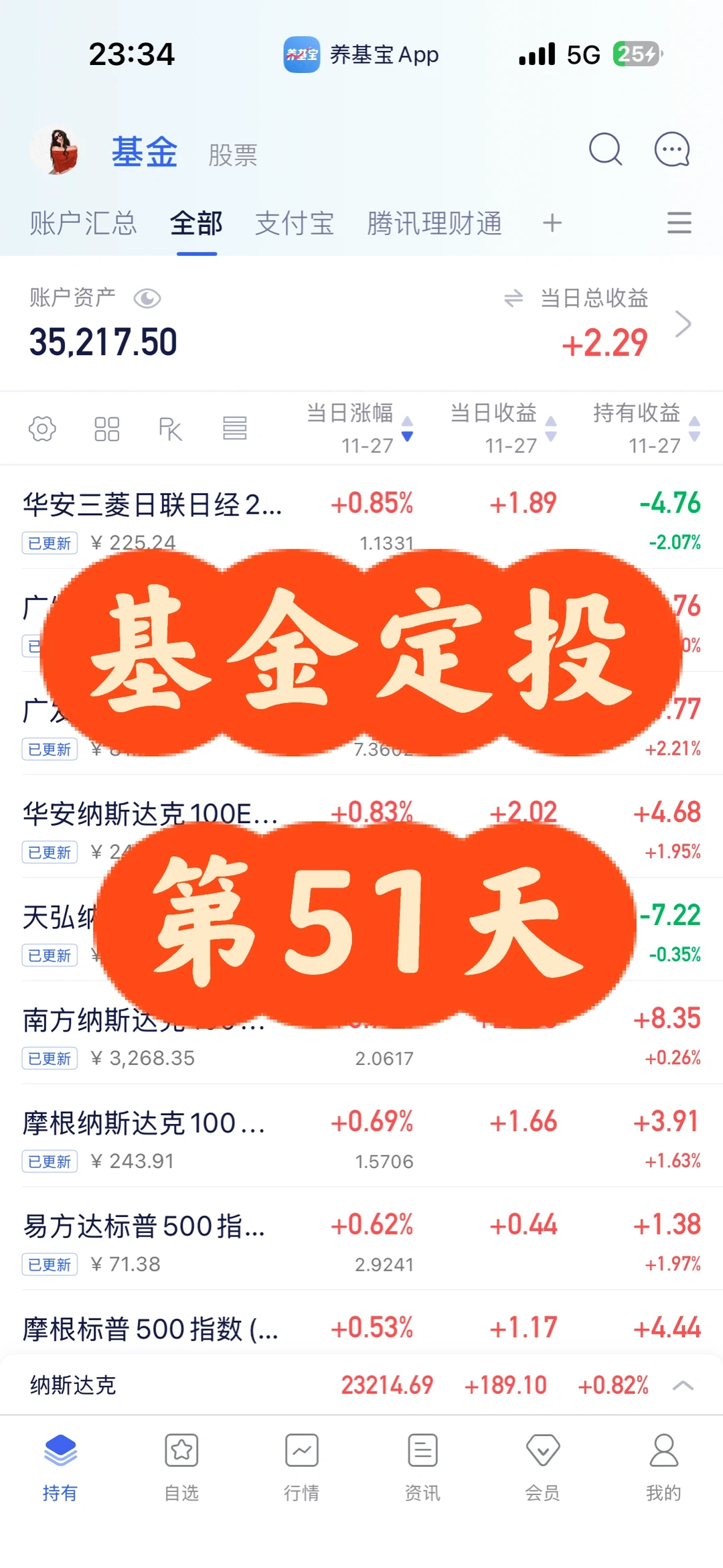 基金定投第51天，今日收益2.29元