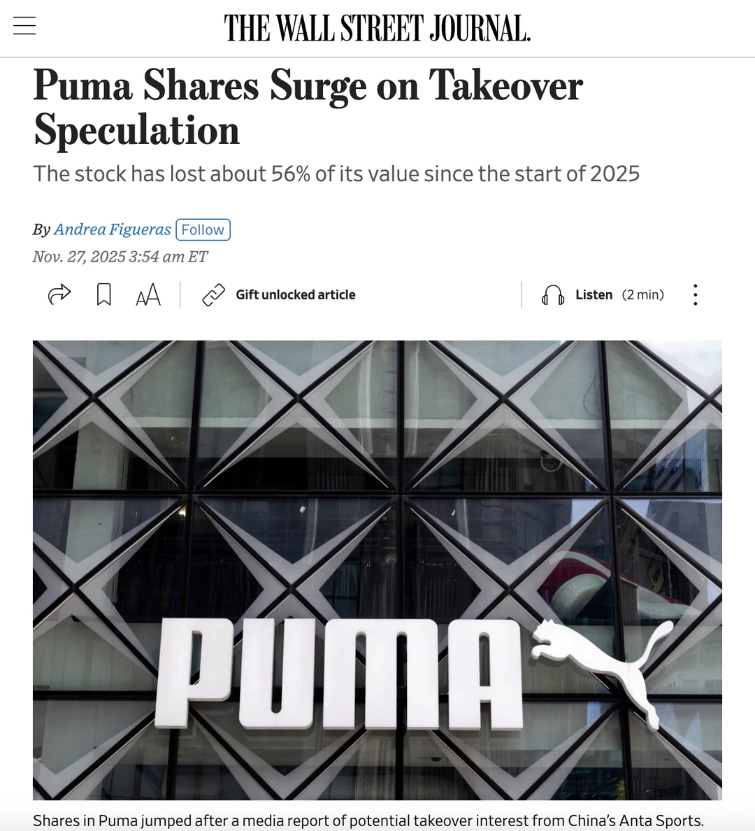 安踏正在评估收购Puma？Puma股价大涨！