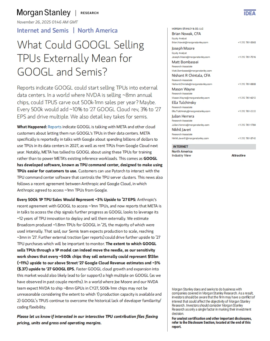 大摩研报，谷歌出售TPU给Meta对各大公司影响