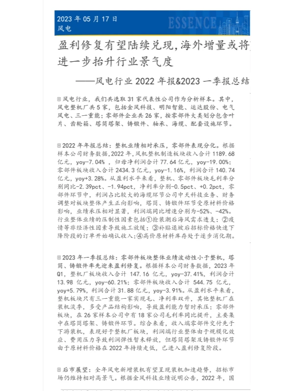 2022风电行业年报及2023一季报总结