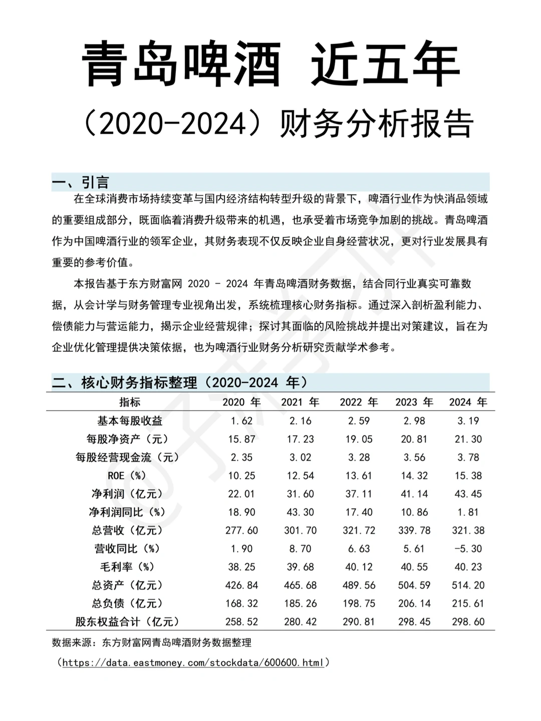 (2020-2024)财务分析报告—以青岛啤酒为例