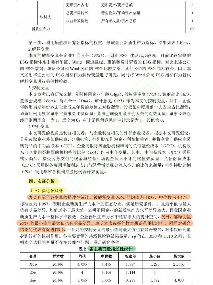 核心复刻:ESG发展对企业新质生产力影响?