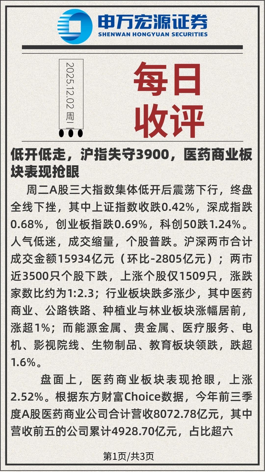 今日收评：沪指失守3900，医药商业表现亮眼