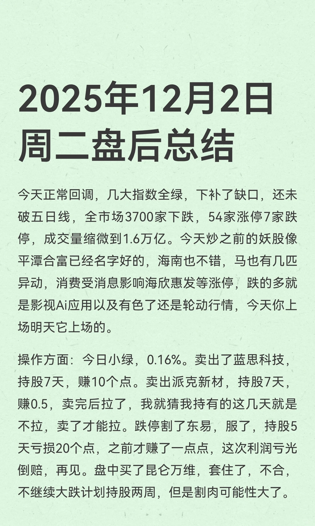 2025年12月2日周二盘后总结