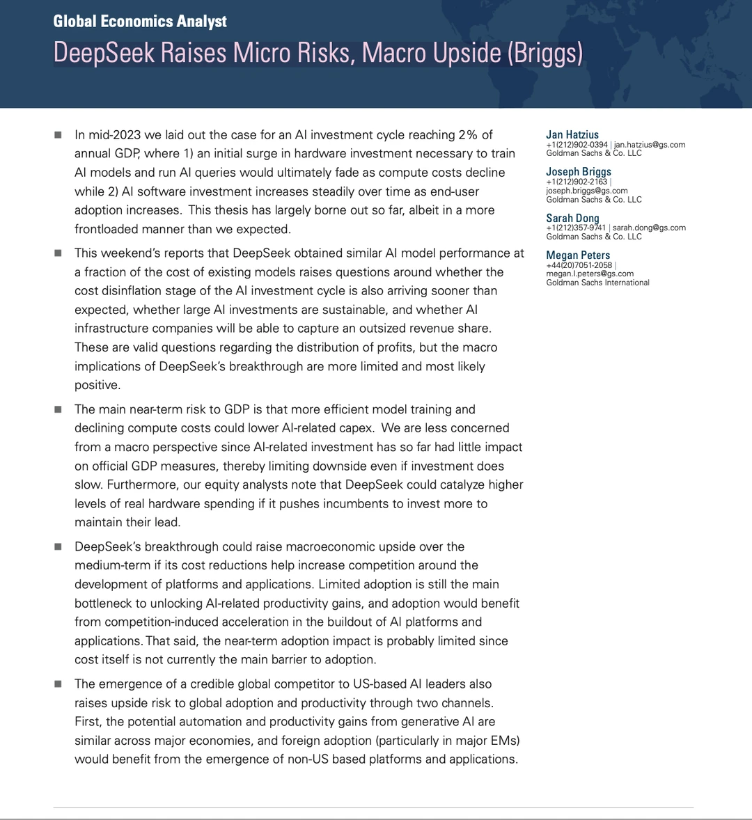 DEEPSEEK 对宏观经济的影响和分析 高盛报告