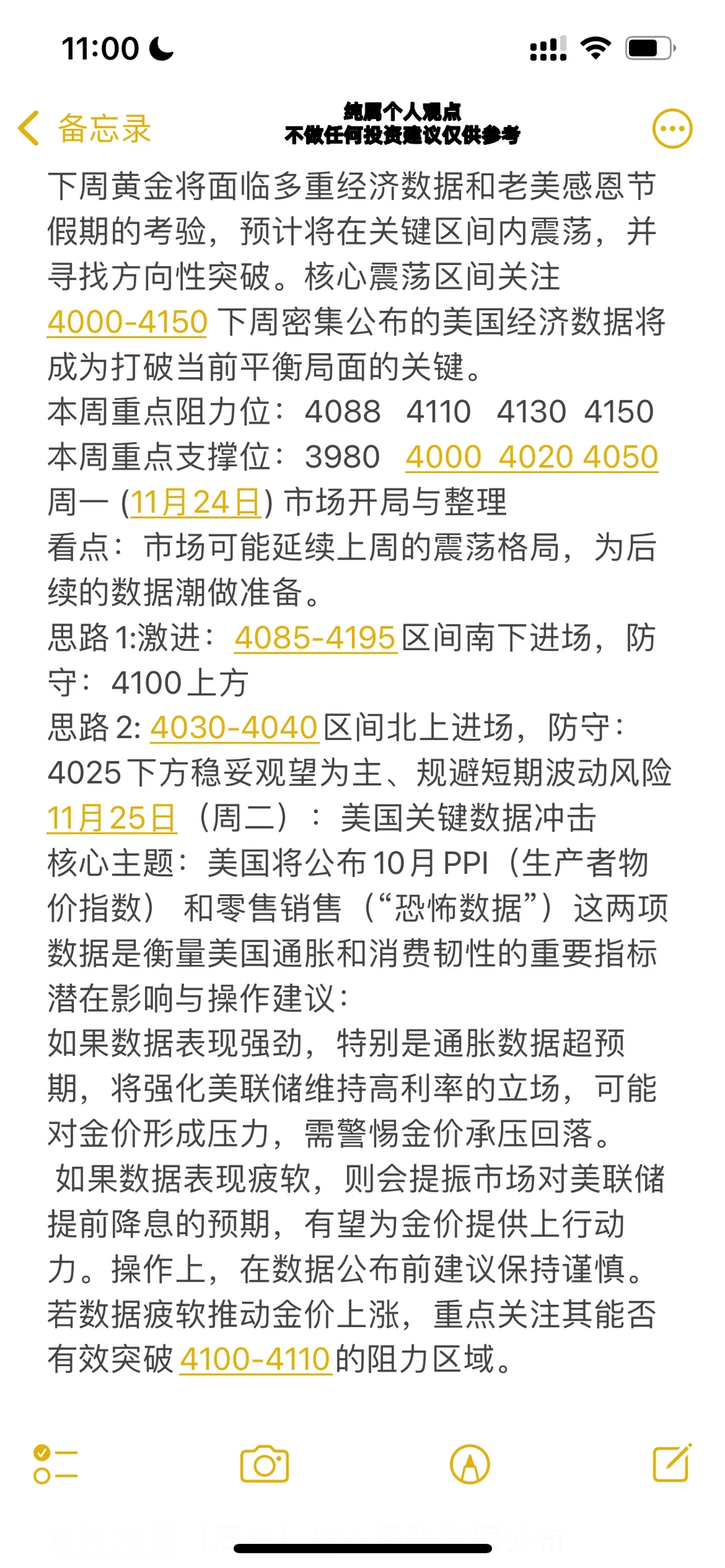 2025年11月24日至28日黄金分析策略