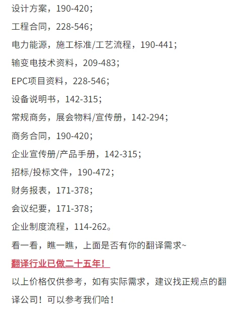 全行业报价表,不同领域文件翻译费用