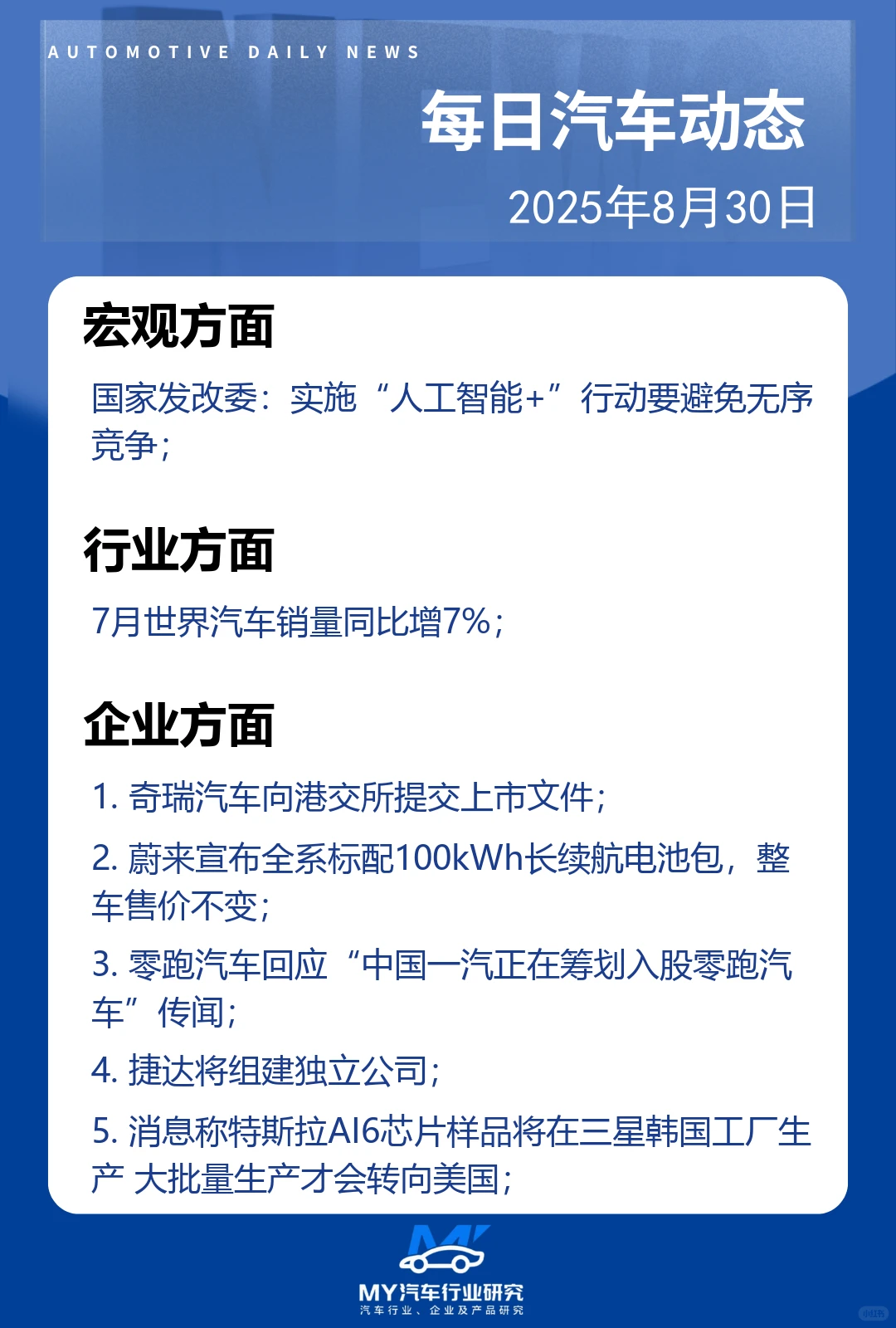每日汽车动态 2025年8月30日