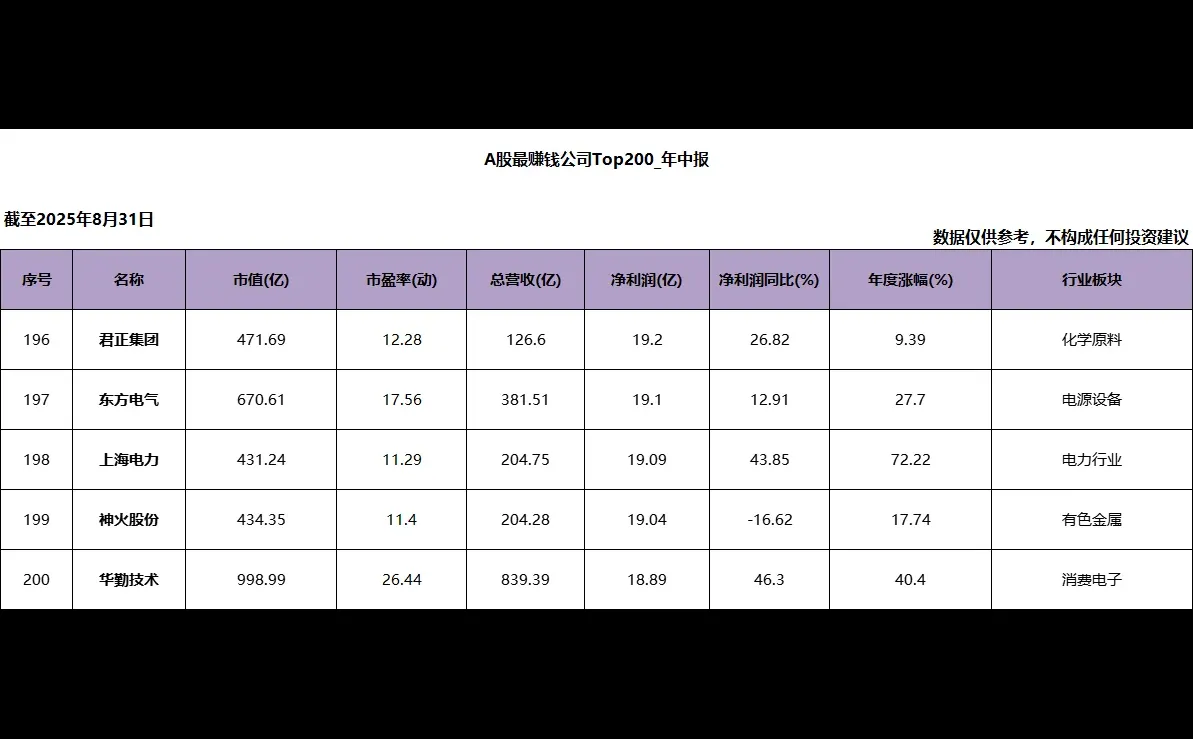 A股净利润Top200_2025年中报