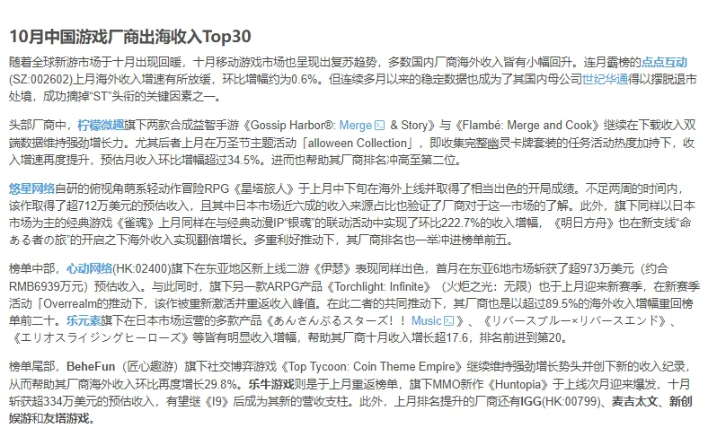 2025年10月国产应用/游戏出海收入Top30榜