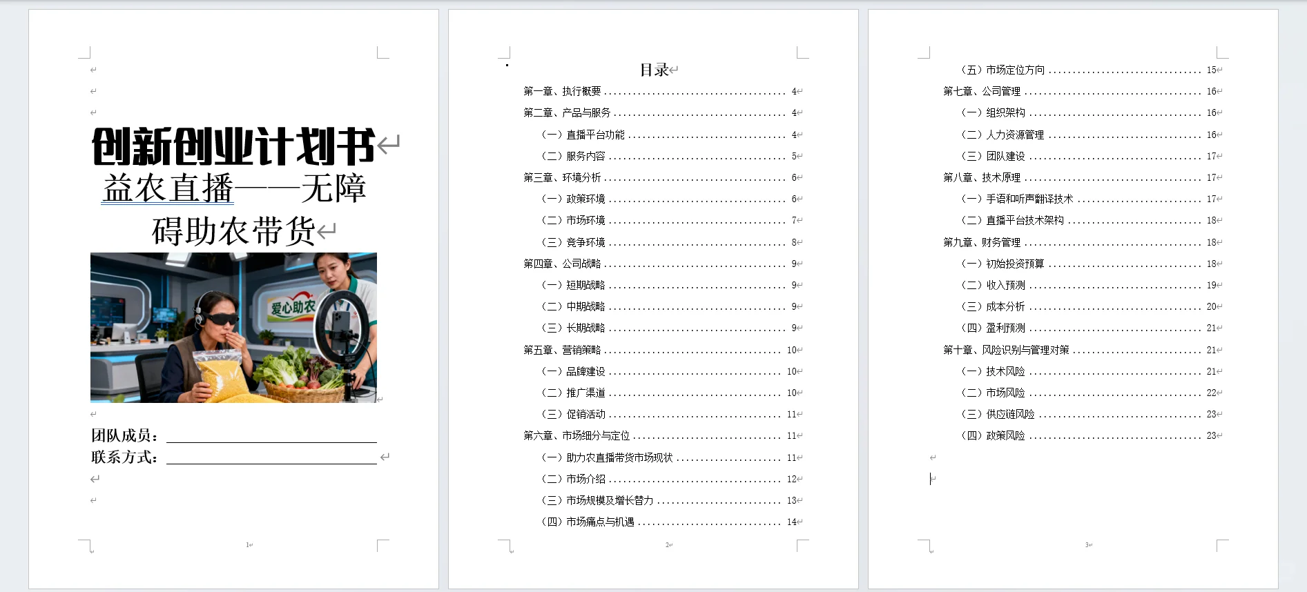 益农直播无障碍助农带货创业计划书word➕PP