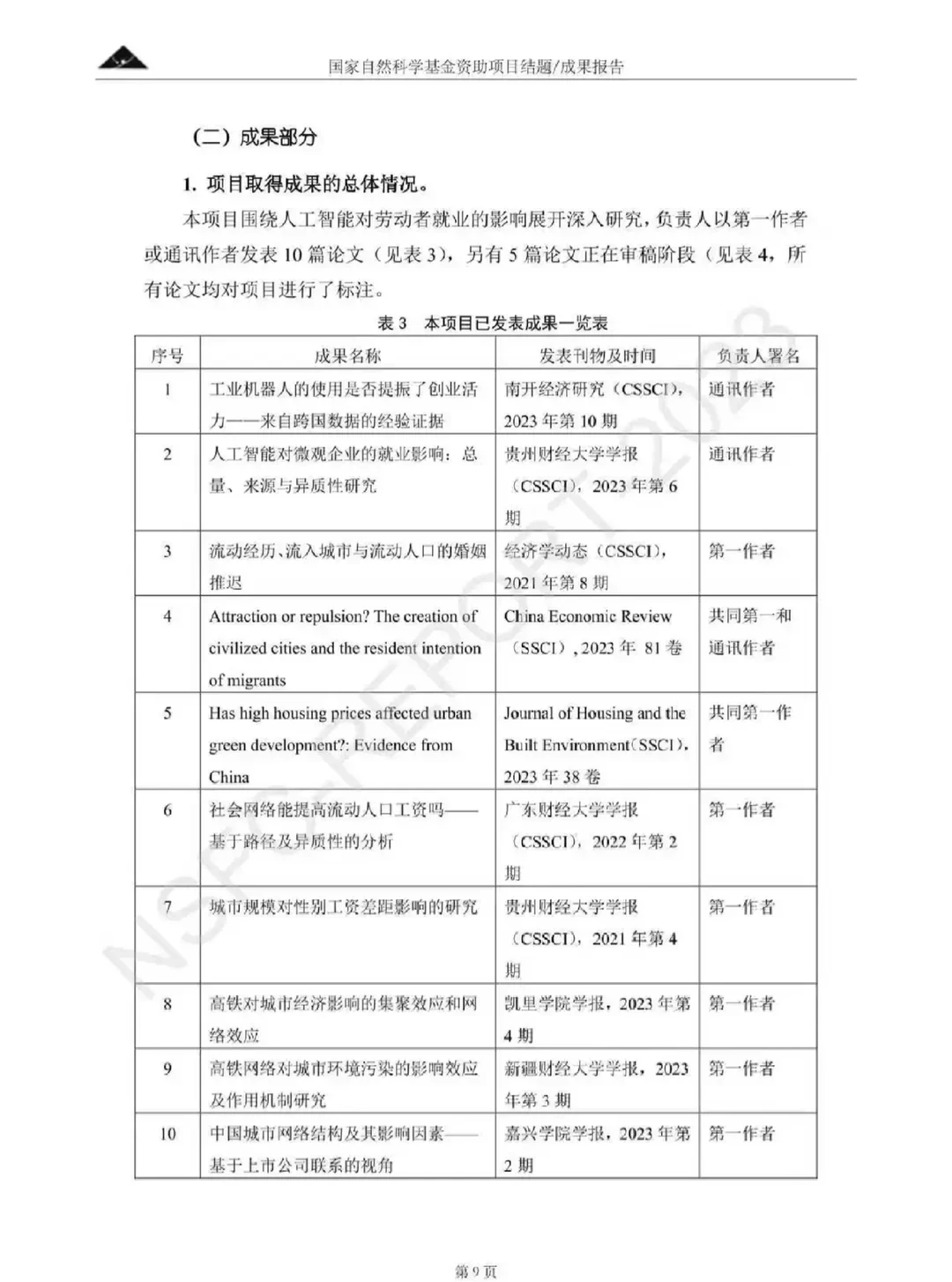 国自然科学基金结题报告