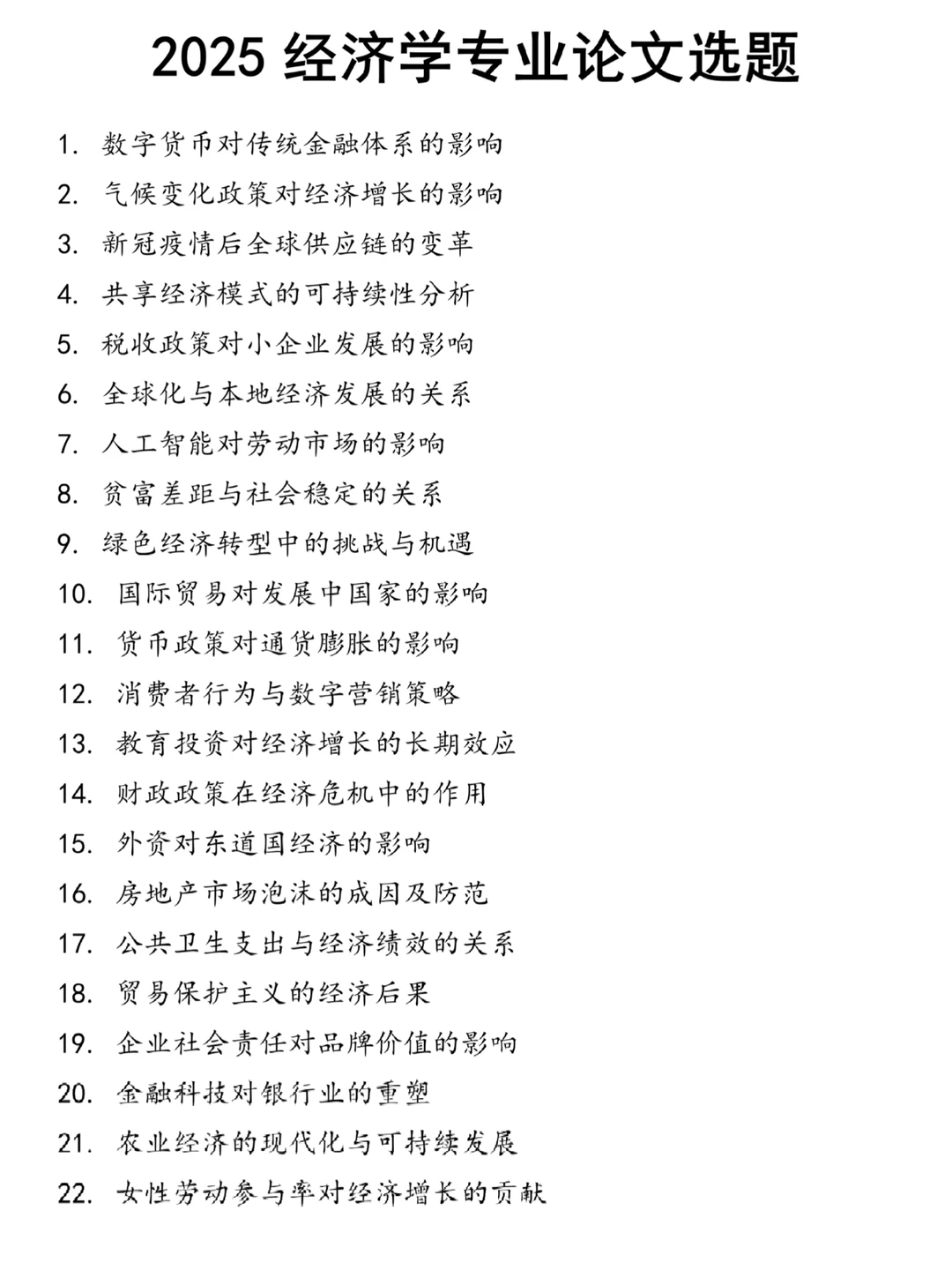 经济学专业的宝子一定要刷到这些论文选题啊