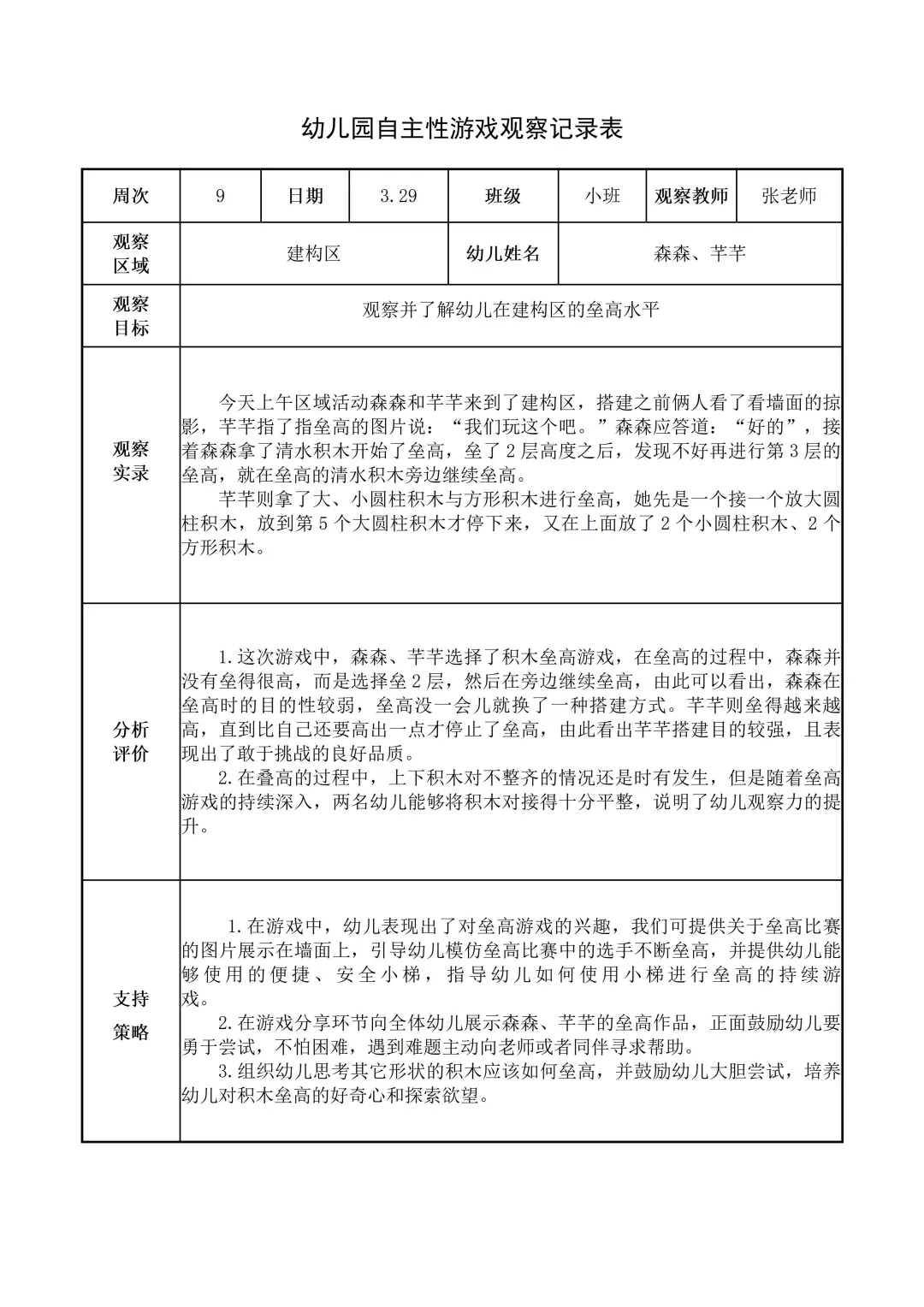 幼儿园小班【建构区】自主游戏观察记录