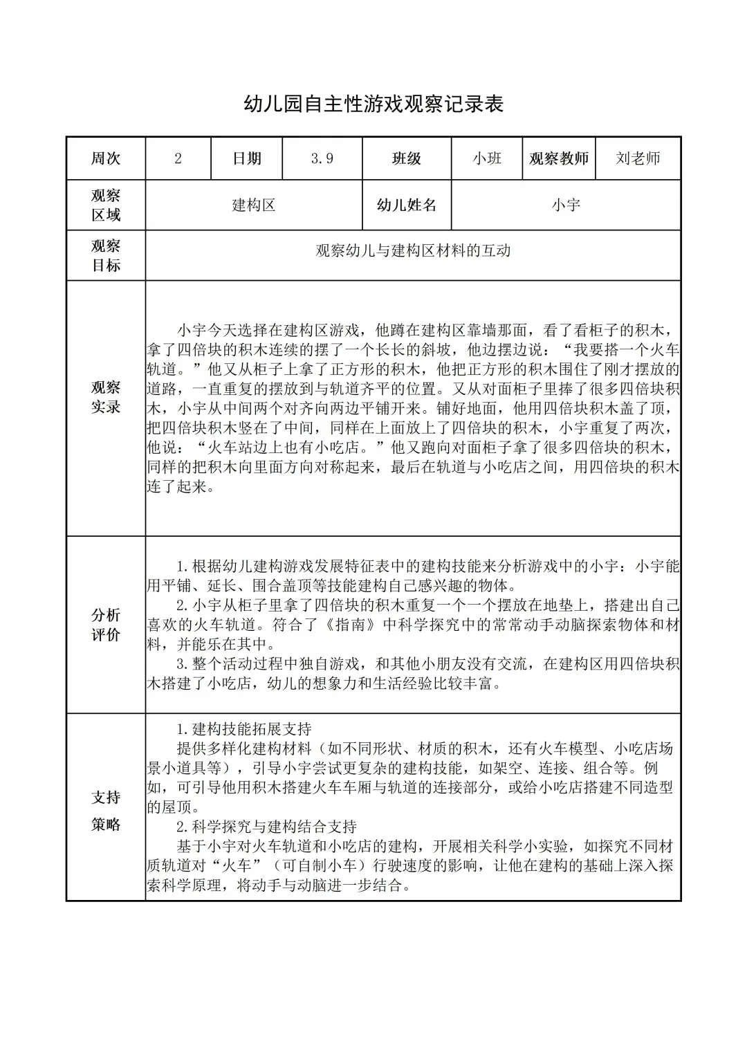 幼儿园小班【建构区】自主游戏观察记录