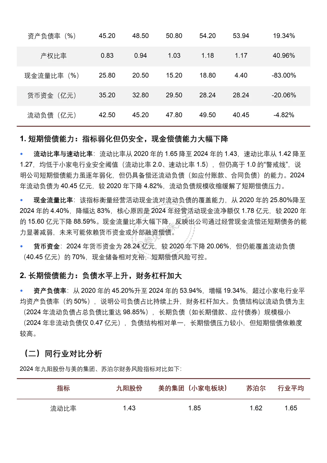 财务分析报告——以九阳股份有限公司为例