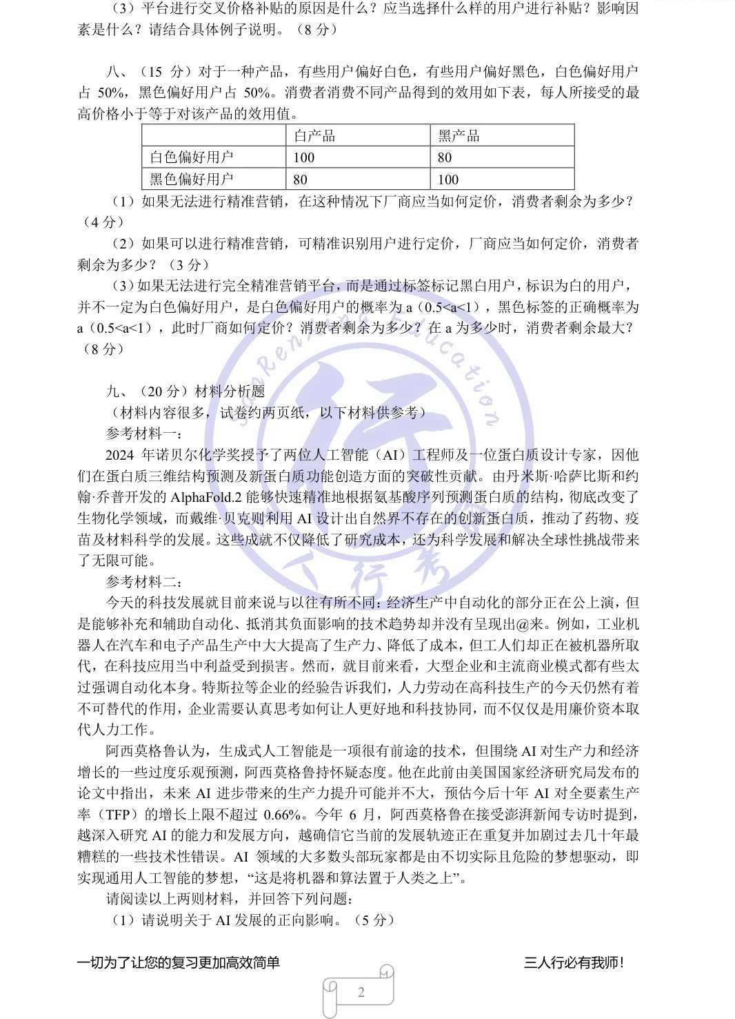 2025中国人民大学数字经济考研真题