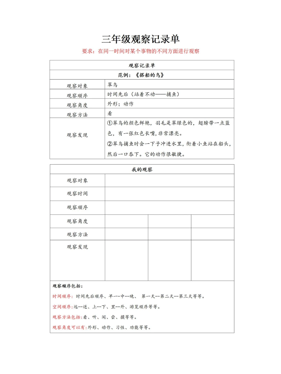 三上五单元 观察记录单（附空白表格