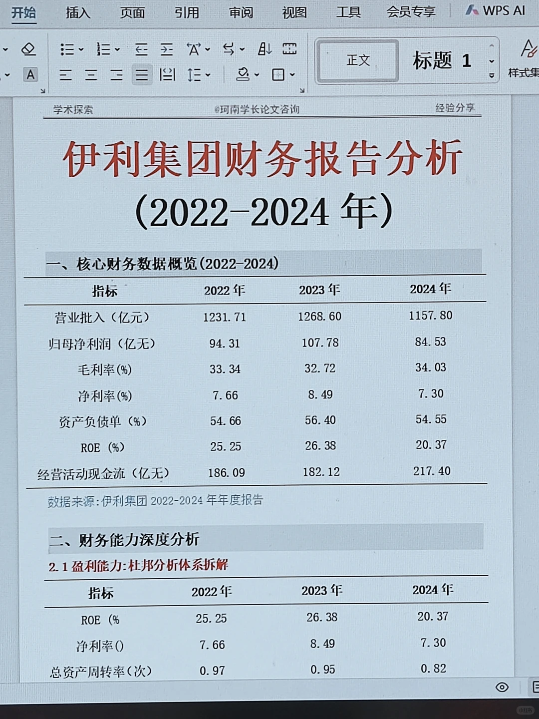 伊利集团财务分析（2022-2024年）直接抄！