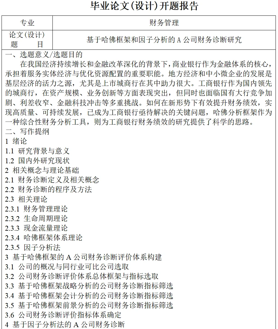 ?哈佛框架因子分析财务诊断开题报告