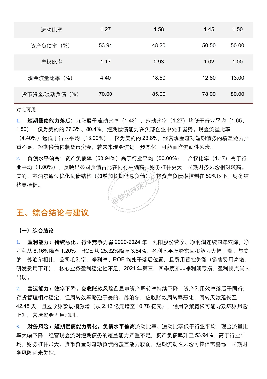 财务分析报告——以九阳股份有限公司为例